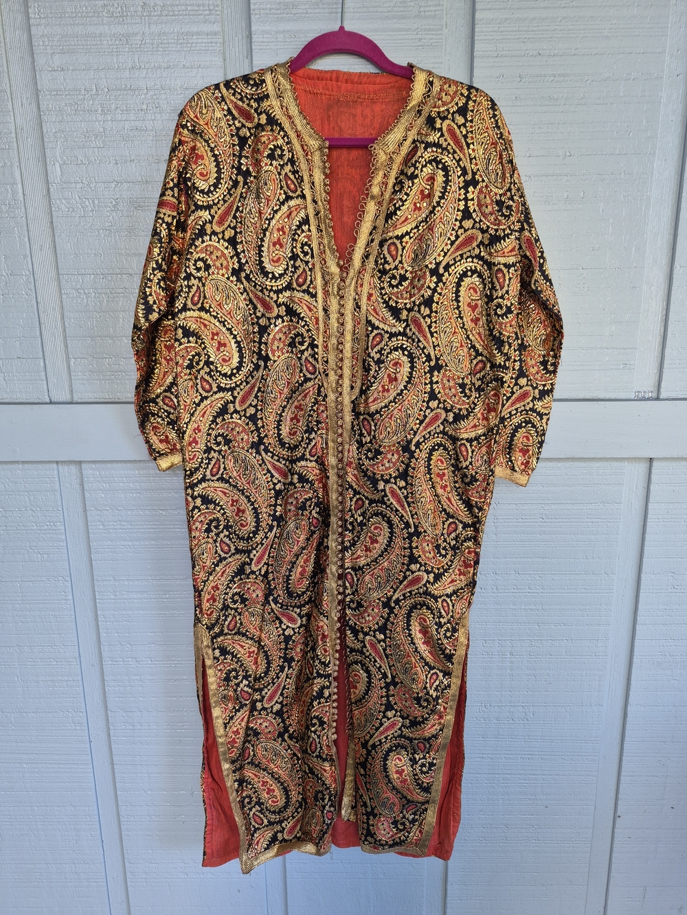 Vinrage Moroccan Arab Kaftan Dress/Robe Gold Brocade Paisley Maxi - Gold & Red